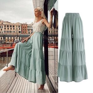 Chic Wish Womens Pale Green Gray Cotton Tiered Flare Goucho Pants Sz XS - S Boho